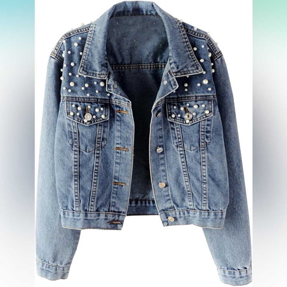 Plus size women’s denim pearl jacket 3x worn once light faded acid wash jean